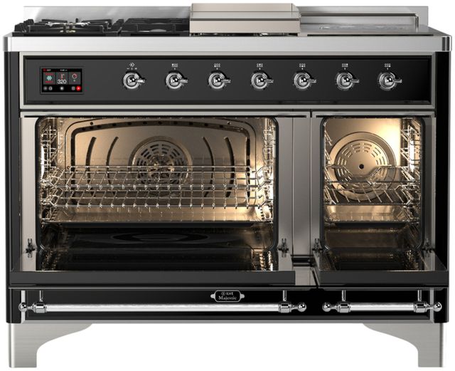 Ilve® Majestic III 48" Glossy Black Pro Style Dual Fuel Liquid Propane Range with French Top and Chrome Trim-1
