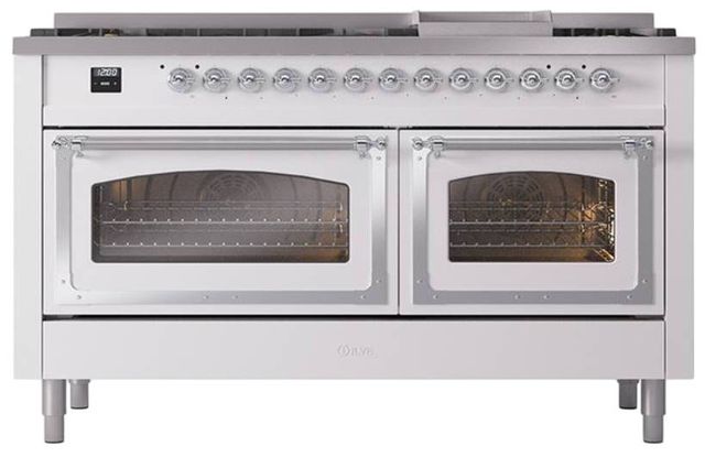 Ilve® Nostalgie II Noblesse 60'' White Pro Style Dual Fuel Range with Chrome Trim-1