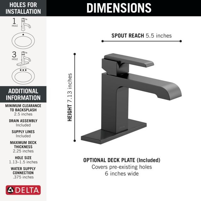 Delta Ara® Matte Black Single Handle Bathroom Faucet with Drain-4