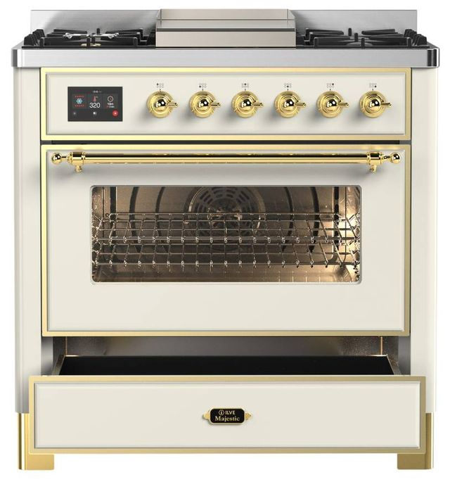 Ilve® Majestic III 36" Antique White Pro Style Dual Fuel Natural Gas Range with Triple Glass Door and Brass Trim-3