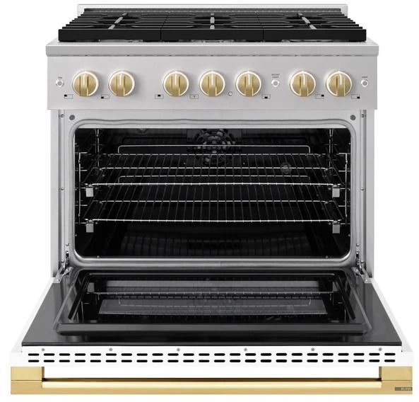 ZLINE Marino 36" Stainless Steel Pro Style Dual Fuel Range with White Matte Door and Polished Gold Accents-1