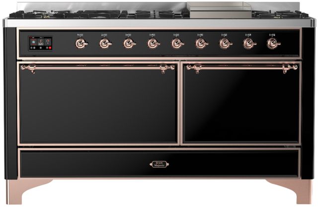 Ilve® Majestic III 60" Glossy Black Pro Style Dual Fuel Liquid Propane Range with Solid Door and Copper Trim-0