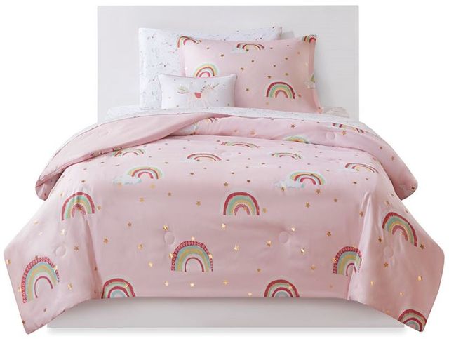 Olliix by Mi Zone Kids Alicia Pink Twin Rainbow Metallic Printed Stars Complete Bed and Sheet Set-0