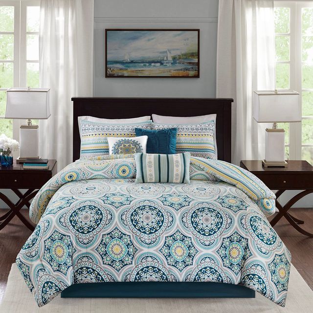 Olliix by Madison Park Mercia 7 Piece Teal California King  Reversible Cotton Sateen Comforter Set-0