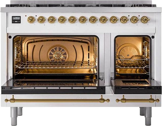 Ilve® Nostalgie II 48" White Pro Style Dual Fuel Range with Brass Trim-1