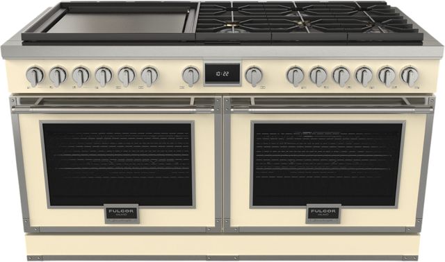 Fulgor Milano® Evoque 400 Series 60" Glossy Ivory Pro Style Dual Fuel Hybrid Range with Stainless Steel Trim -0
