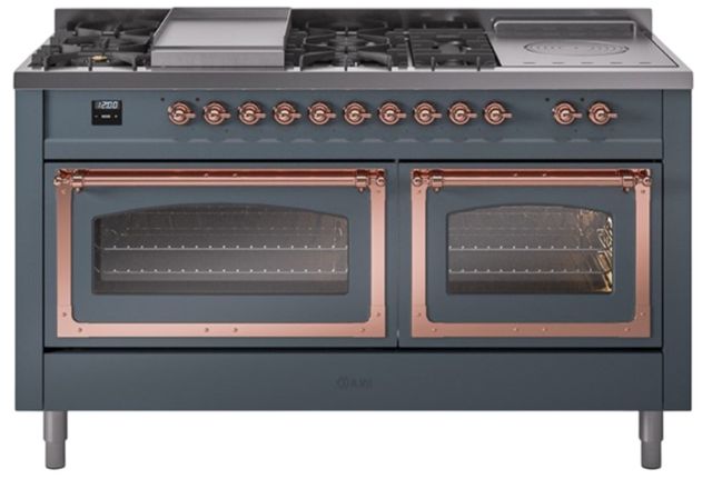 Ilve® Nostalgie II Noblesse 60'' Blue Gray Pro Style Dual Fuel Range with Copper Trim-0