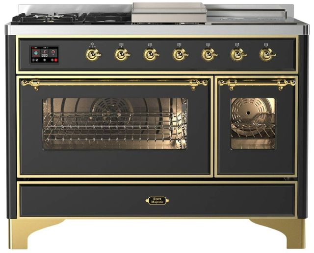 Ilve® Majestic III 48" Graphite Matte Pro Style Dual Fuel Natural Gas Range with Triple Glass Door and Brass Trim-0