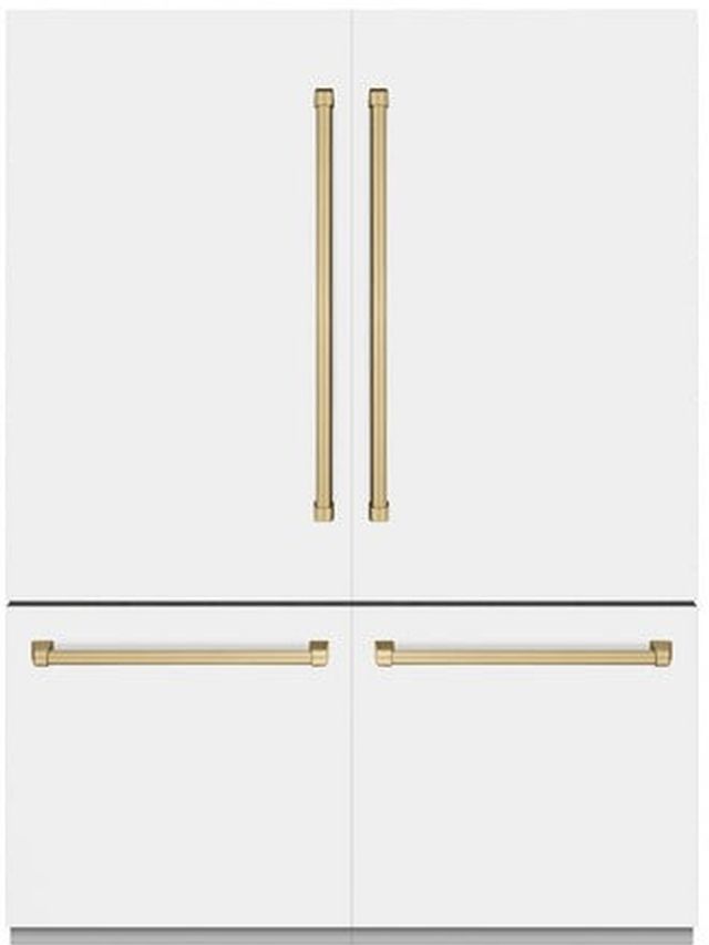 ZLINE Autograph Edition 60" 32.2 Cu. Ft. White Matte Built-In French Door Refrigerator with Water Dispensers, Ice Makers, and Champagne Bronze Accents-0