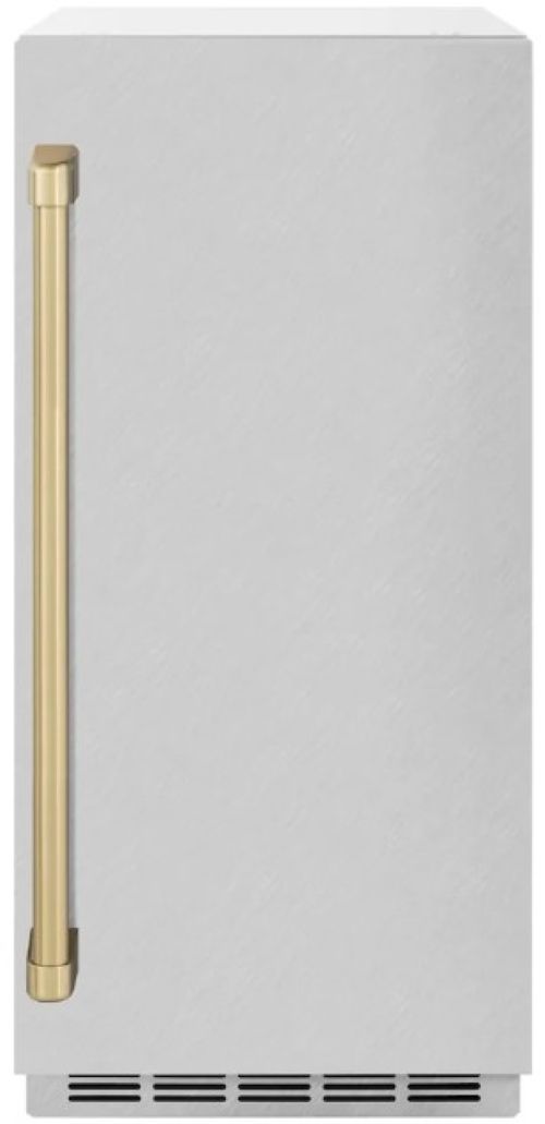 ZLINE Autograph Edition Touchstone 15" 75 lbs. Satin Stainless Steel Door with Polished Gold Handle Clear Cube Ice Maker with Drain Pump -0