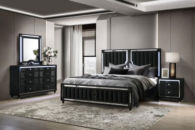 Coaster® Ravenne 4-Piece Black Queen Upholstered Panel Bedroom Set with LED-1