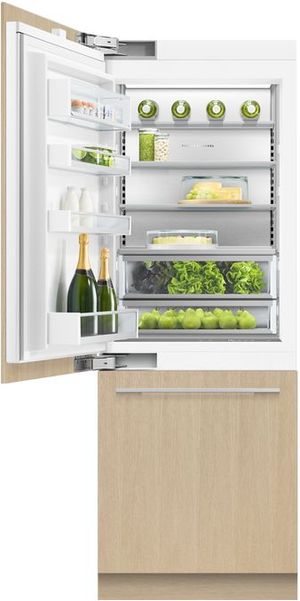 Front view of the opened Fisher & Paykel Series 9 30 in. 15.9 Cu. Ft. Panel Ready Column Bottom Freezer Refrigerator