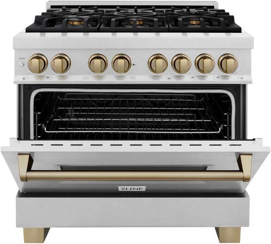 ZLINE Autograph Edition Legacy 36" Satin Stainless Steel Pro-Style Dual Fuel Range with Electric Convection Oven and Champagne Bronze Accents-2
