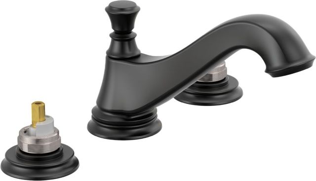 Delta Cassidy® Matte Black Widespread Bathroom Faucet - Low Arc Spout - Less Handles-0