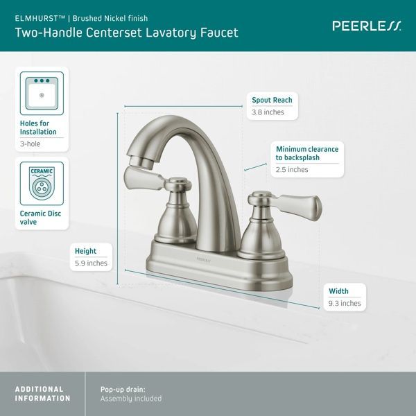 Peerless Elmhurst® 2-Handle Brushed Nickel 4" Centerset Bathroom Faucet-2