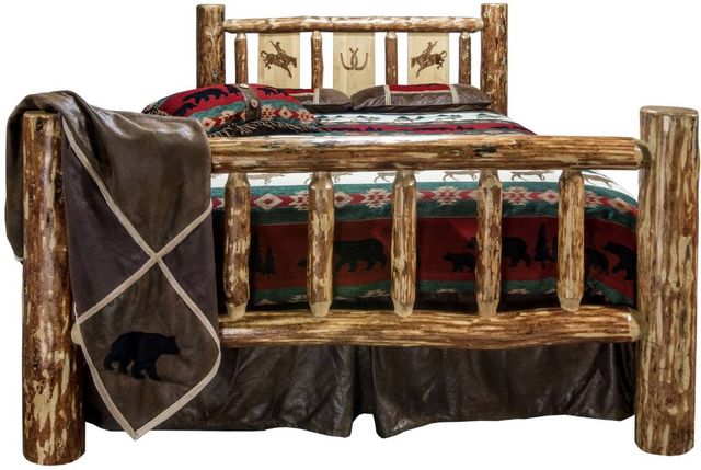 Montana Woodworks® Glacier Country Stain & Clear Lacquer King Bed with Laser Engraved Bronc Design-1