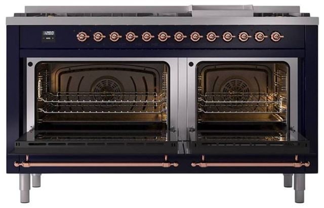 Ilve® Nostalgie II Noblesse 60'' Midnight Blue Pro Style Dual Fuel Range with Copper Trim-2
