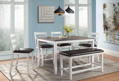 front view of the Elements International Martin 6-Piece White Counter Dining Set in a modern dining room
