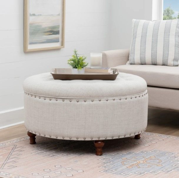 Linon Bella Natural Round Storage Ottoman-1