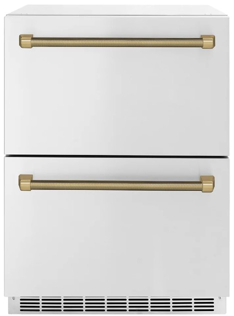 ZLINE Autograph Edition 24 in. Touchstone 168 Can Outdoor-Rated Dual Refrigerator Drawer with Stainless Steel Doors and Polished Gold Helix Handles (RDSOZ-ST-24-KG)