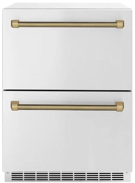 ZLINE Autograph Edition Touchstone 24 " 4.6 Cu. Ft. Stainless Steel 168 Can Outdoor-Rated Dual Refrigerator Drawer with Polished Gold Helix Handles-0
