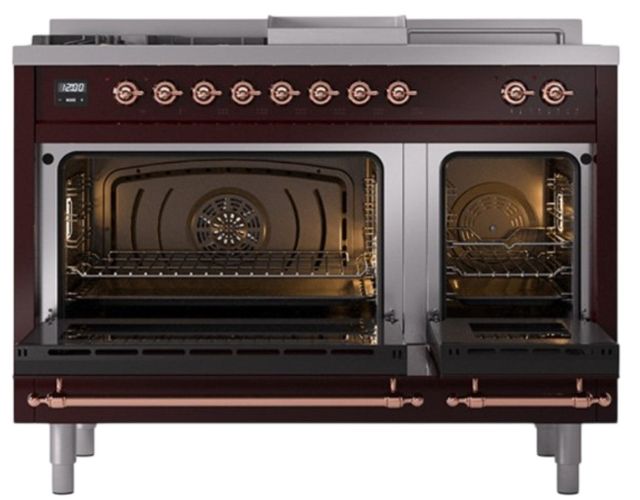 Ilve® Nostalgie II Noblesse 48'' Burgundy Pro Style Dual Fuel Range with Copper Trim-1