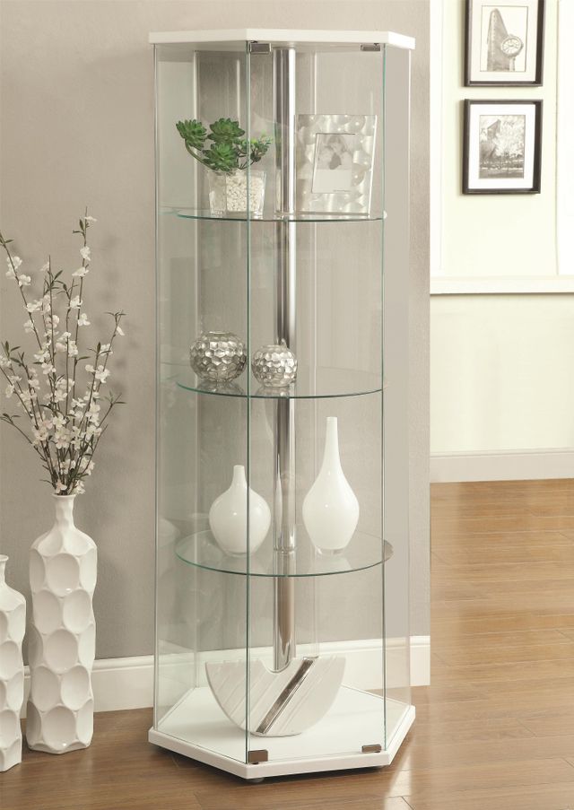 Coaster® Zahavah White/Clear 4-Shelf Hexagon Shaped Curio Cabinet-1