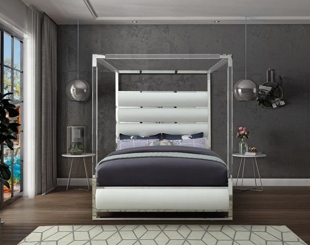 Meridian Furniture Encore White Queen Vegan Leather Upholstered Canopy Bed-2