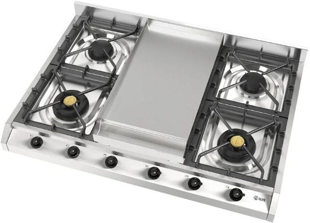 Ilve Nostalgie II 36” Stainless Steel Liquid Propane Cooktop with 6 Burners, Griddle and Burnished Trim-3