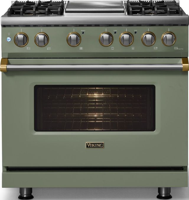Viking® 5 Series 36" Eucalyptus Pro Style Dual Fuel (LP) Range with Brushed Brass Trim-2