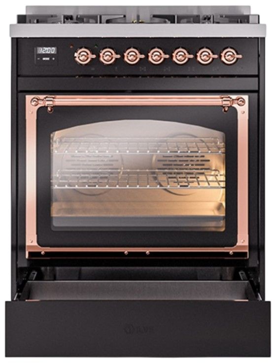 Ilve® Nostalgie II Noblesse 30'' Glossy Black Pro Style Dual Fuel Range with Copper Trim-1