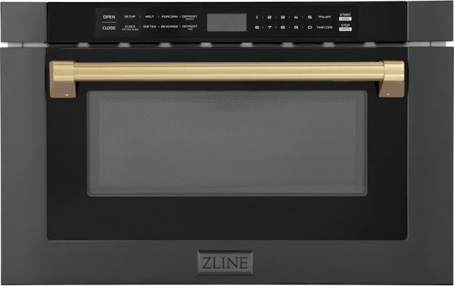ZLINE Autograph Edition 24" 1.2 Cu. Ft. Black Stainless Steel Built-in Microwave Drawer with Champagne Bronze Handle-0