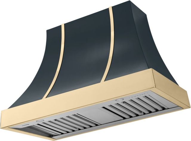 La Cornue CornuFé Cascade 44" Quintessential Teal Wall Mounted Range Hood with Polished Brass Trim-0