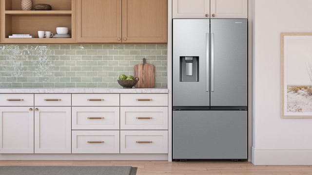 Connected kitchen overview with a sleek stainless steel refrigerator and modern lighting Connected kitchen overview with a sleek stainless steel refrigerator and modern lighting