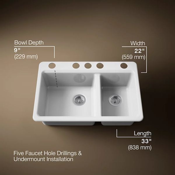 KOHLER® Riverby® White 33" Undermount Double-Bowl Kitchen Sink-3