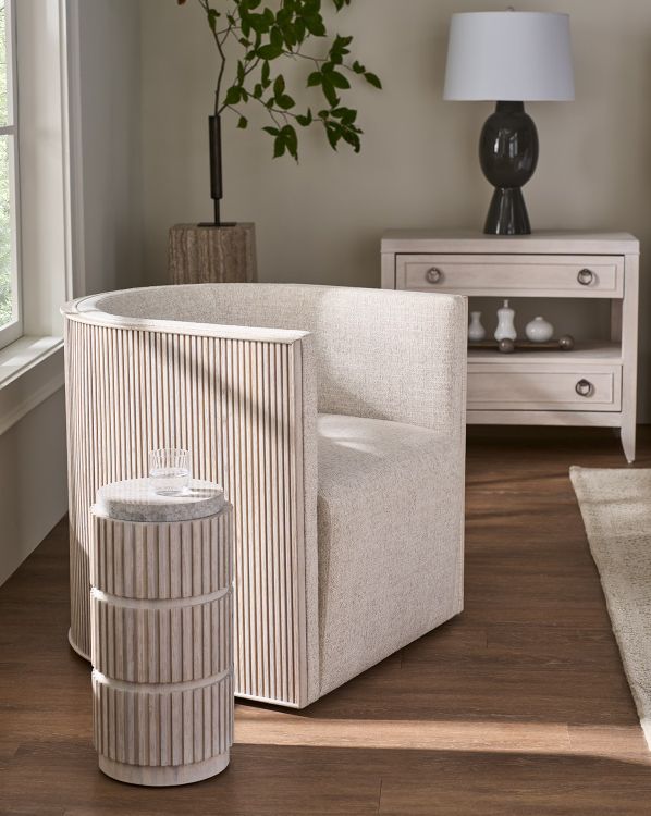 Universal Explore Home™ Avaline Monique Tanner Linen/White Oak Swivel Chair-1