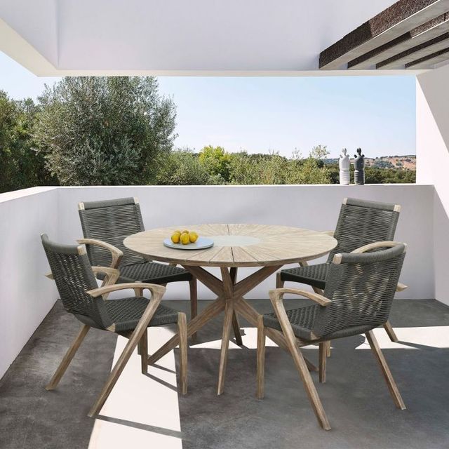 Armen Living Brielle 2-Piece Gray/Light Ucalyptus Rope/Wood Outdoor Dining Arm Chair Set-1