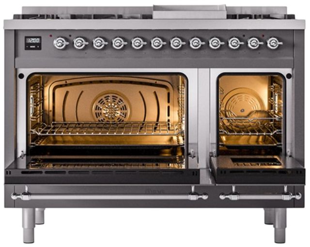 Ilve® Nostalgie II Noblesse 48'' Graphite Matte Pro Style Dual Fuel Range with Chrome Trim-1