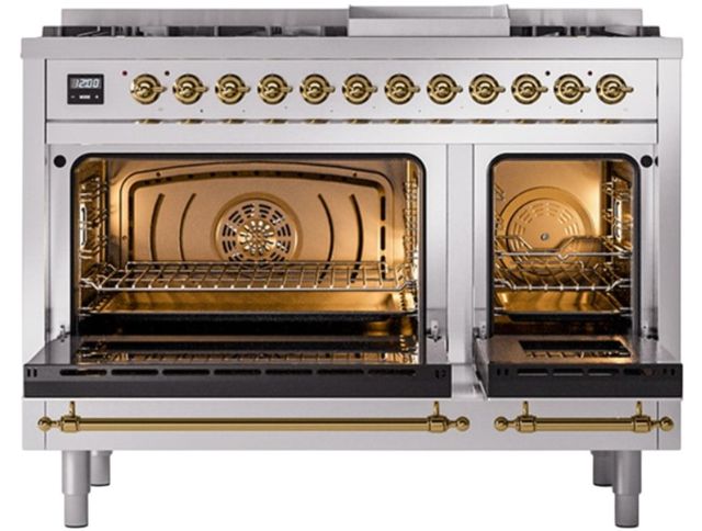 Ilve® Nostalgie II Noblesse 48'' Stainless Steel Pro Style Dual Fuel Range with Brass Trim-1