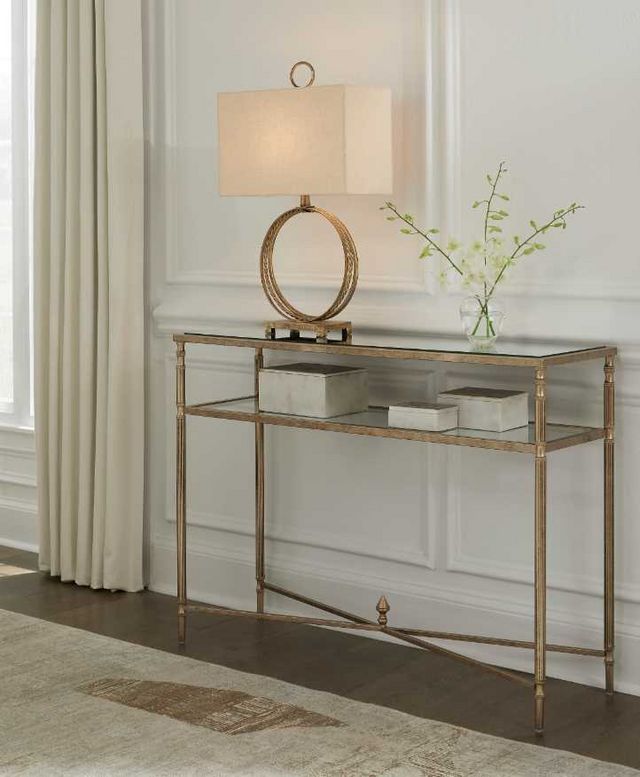 Signature Design by Ashley® Cloverty Glass Top Sofa Table with Aged Gold Base-3