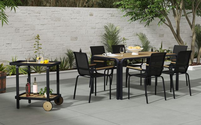 Front view of a modern backyard patio with metal furniture and bar cart from Homestyles