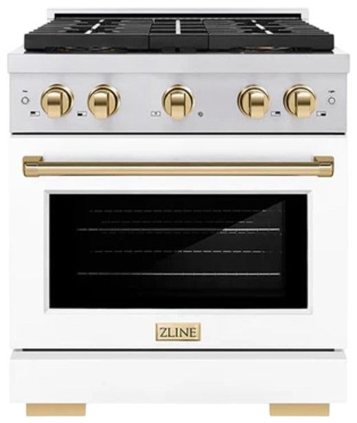 ZLINE Autograph Edition Paramount 30" 4.2 Cu. Ft. Stainless Steel Gas Range with 4 Burner DuoPro™ Cooktop, Convection Gas Oven, White Matte Door and Polished Gold Accents-0