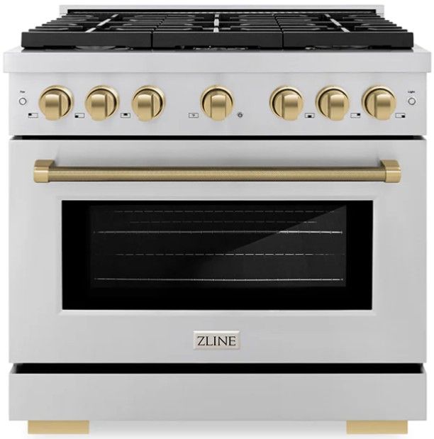 ZLINE Autograph Edition Paramount 36" 5.2 cu. ft. Stainless Steel with Polished Gold Helix Handle and Knob Accents Dual Fuel Range with 6 Burner Gas Cooktop and Electric Convection Oven-0