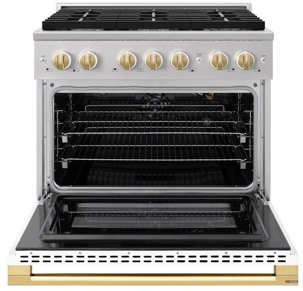 ZLINE Marino 36" Satin Stainless Steel Pro Style Gas Range with White Matte Door and Polished Gold Accents-1