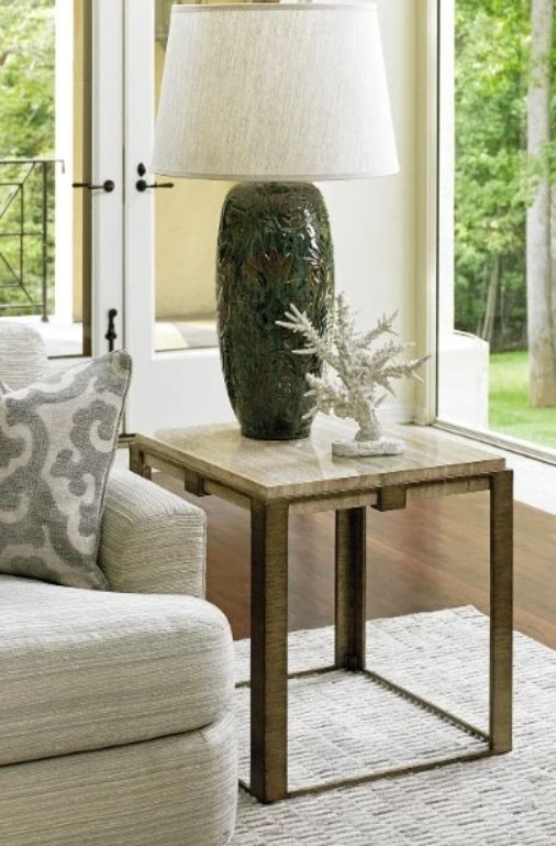 Lexington Home Laurel Stone Canyon Silver Travertine Lamp Table with Silver Leaf Base-3