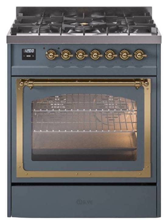 Ilve® Nostalgie II Noblesse 30" Blue Gray Pro Style Dual Fuel Range with Brass Trim-0
