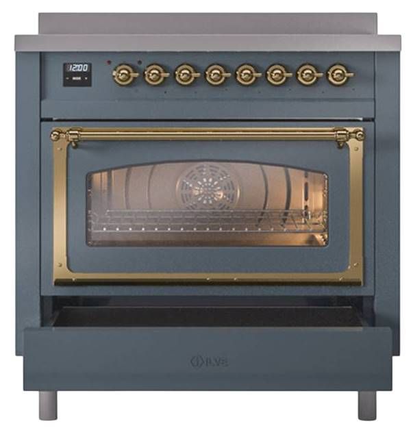 Ilve® Nostalgie II Noblesse 36'' Blue Gray Pro Style Induction Range with Brass Trim-3