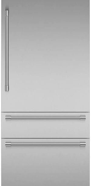 Front view of the Thermador® Freedom® Professional 36 in. 18.7 Cu. Ft. Stainless Steel Built In Counter Depth Bottom Freezer Refrigerator