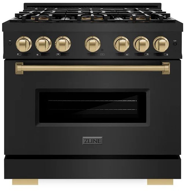 ZLINE Autograph Edition 36" 5.2 cu. ft. Gas Range with 6 Burner DuoPro™ Cooktop and Convection Gas Oven in Black Stainless Steel and Champagne Bronze Accents -0