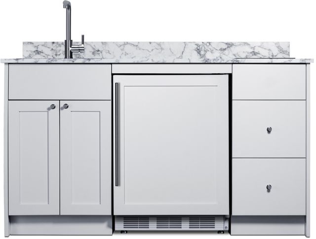 Summit® TurnKey Caldera 63" White Kitchenette with 5 Cu. Ft. Built-In Under the Counter Refrigerator, Induction Cooktop, and Stainless Steel Sink with Faucet -0